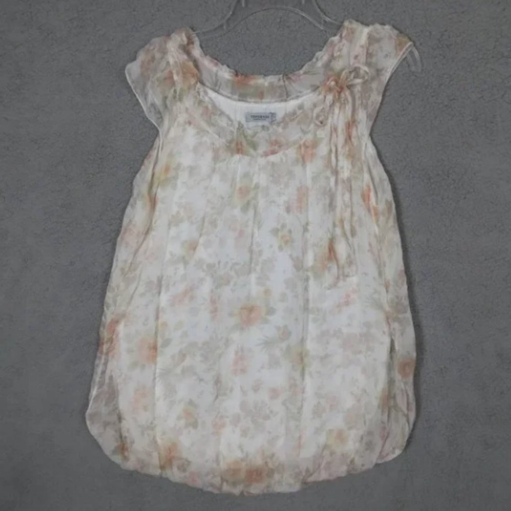 Tendenze 100% silk Beige & cream Pink Rose Soft Floral Bubble Hem blouse size M